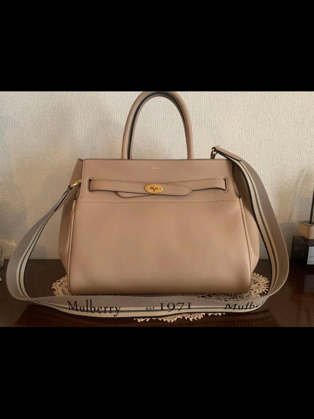 Mulberry Beige Leather Top-Handle Satchel with Branded Strap